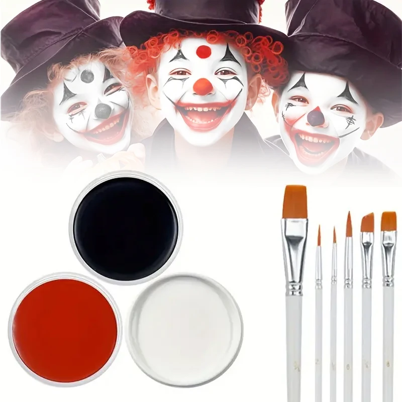 Face  Body Paint Set - Black White Red FX Makeup for Halloween Role Play with 6 Brushes