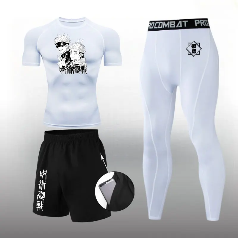Sports Suit Anime Men's Compression Shirt Fitness Gym Sportwear Set Running Athletic Quick Dry Tops Tee Summer Shorts Pants