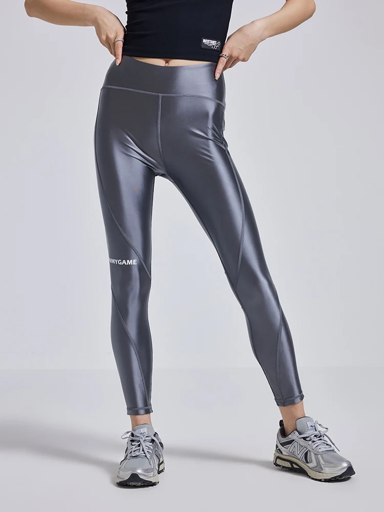Futurism Glossy Women Sexy Silver Tight Yoga Leggings Satin Training Gym Sports Pants Trousers