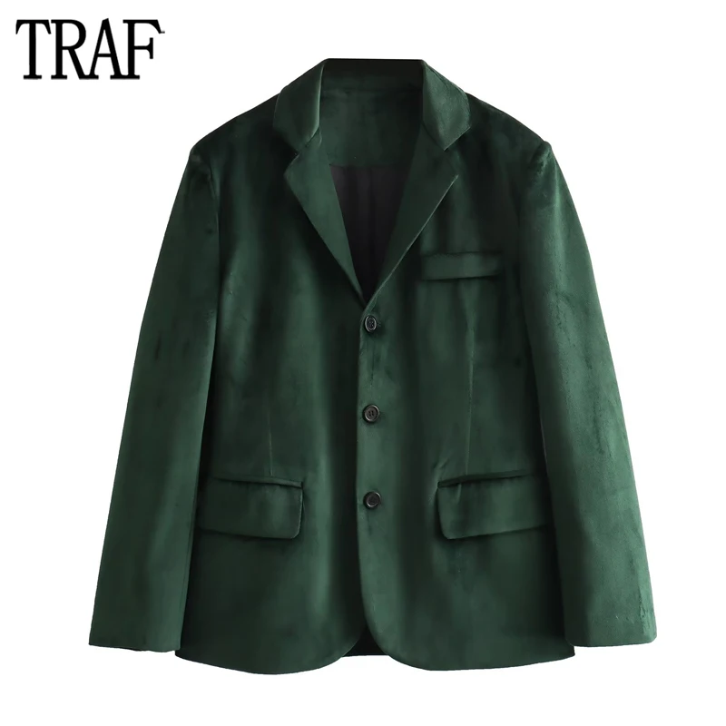 

TRAF Office Velvet Blazers for Women Green Straight Blazer Woman 2023 Long Sleeve Button Jacket Women Streetwear Basic Outerwear