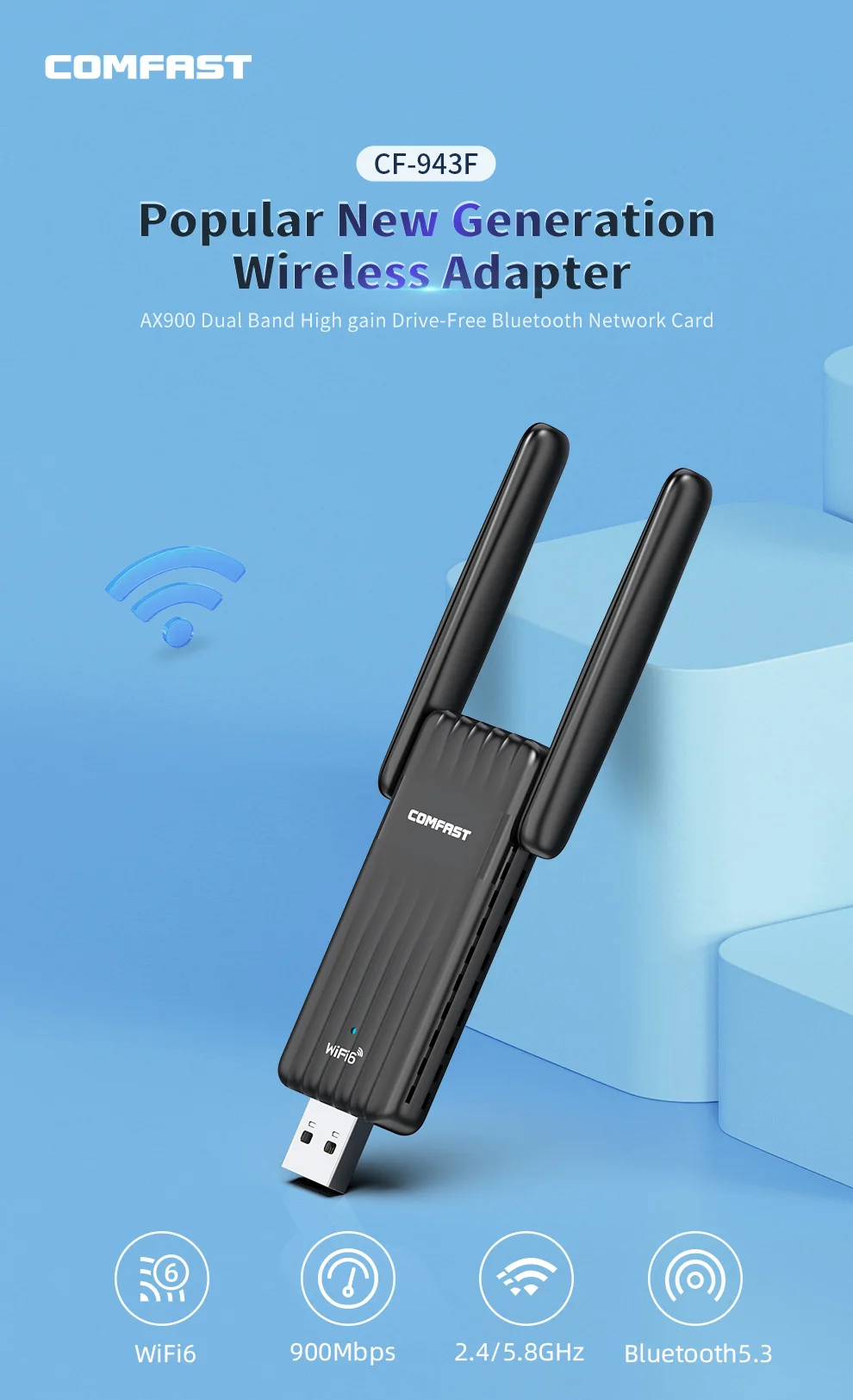 AX900 USB 와이파이 6 어댑터, 5G + 2G 듀얼 밴드, 2 in 1 블루투스 5.3 어댑터, 와이파이 6 안테나 파라 PC 동글 리시버 노트북 Win10/11