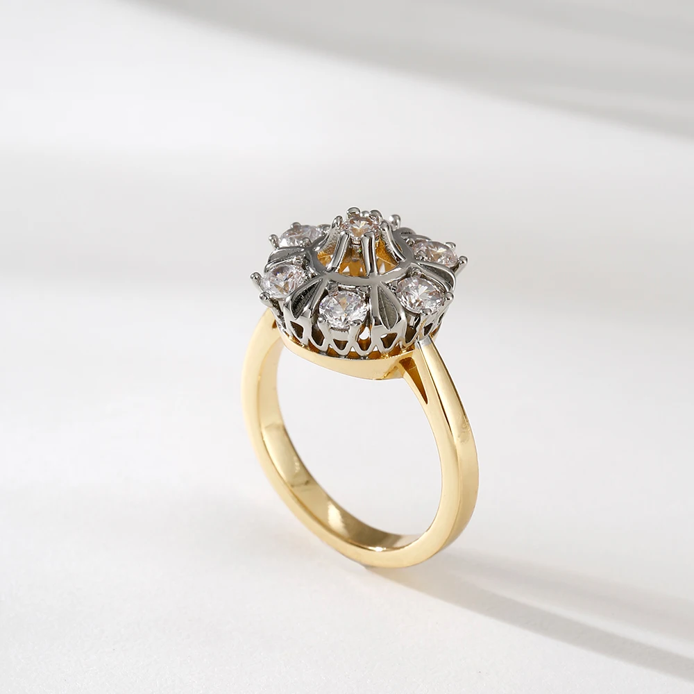 Glänzende, eingelegte, zweifarbige Ohrringe mit synthetischem Zirkon, Ring-Set, kupferbeschichtet, 14 Karat Gold, edler Schmuck, Weihnachtsgeschenke, Alltagsschmuck – Detail 7