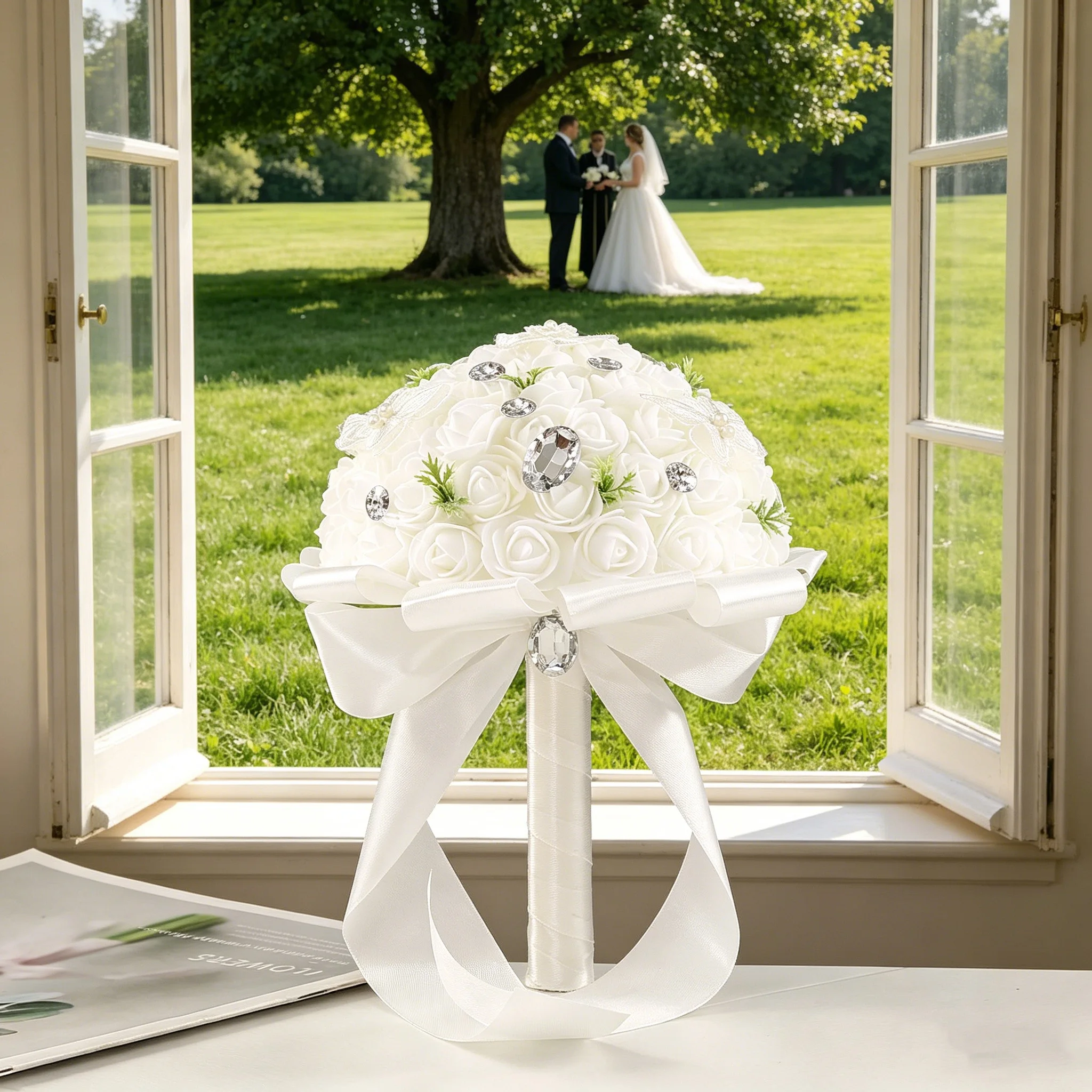 Bouquet da Sposa Classico con Rose, Stile Senza Tempo, Versatile per Vari Scenari Nuziali, Essenziale - Image 3