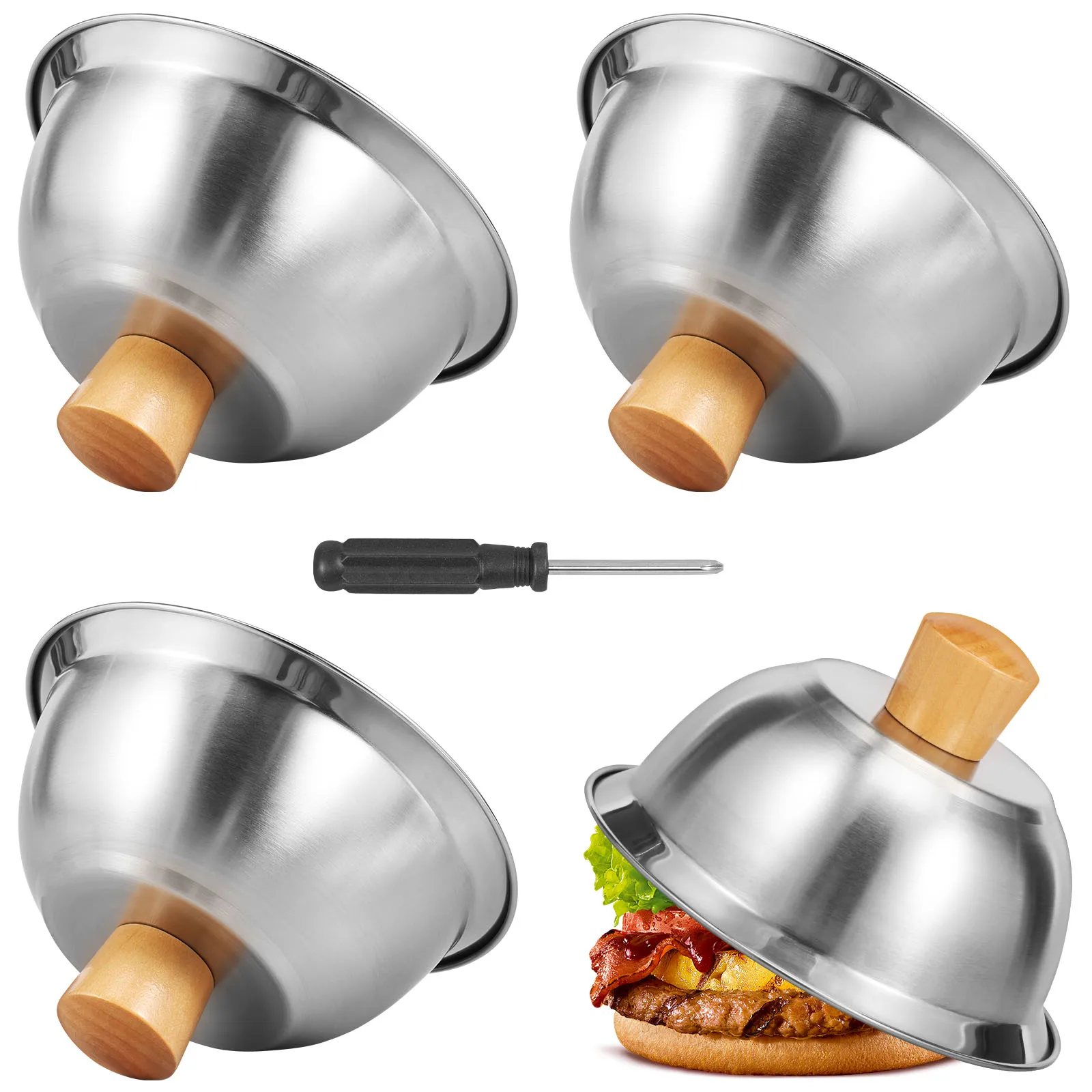 6 Inch Basting Cover, Stainless Steel Melting Dome Set of 4, Small Metal Steaming Cover Grill Lid for Cheese Burger