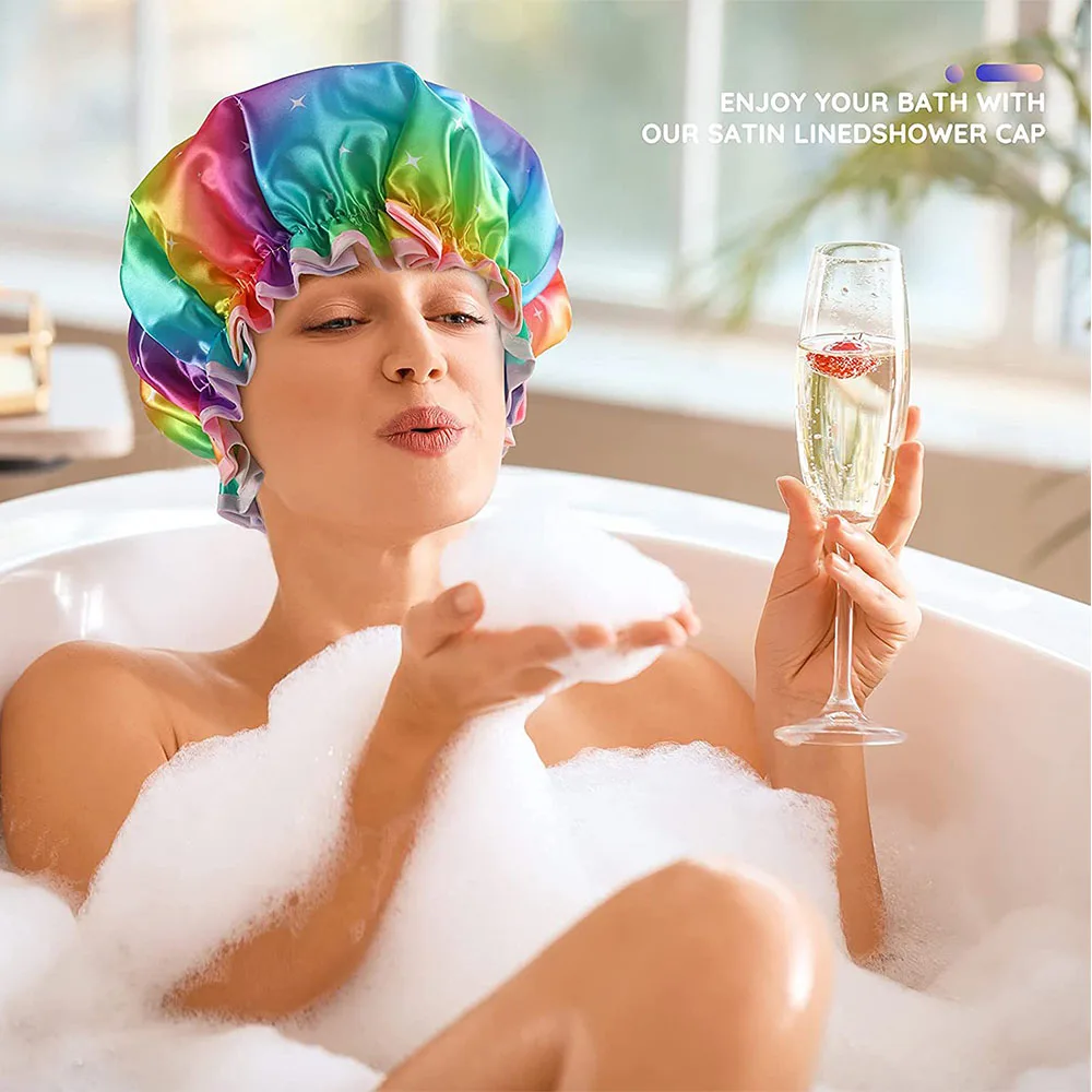 Waterproof Shower Cap Shower Cap 11 Color Thick Shower Cap Waterproof Bath Hat Double Layer Shower Hair Cover Women Supplies Cap Bathroom Accessories