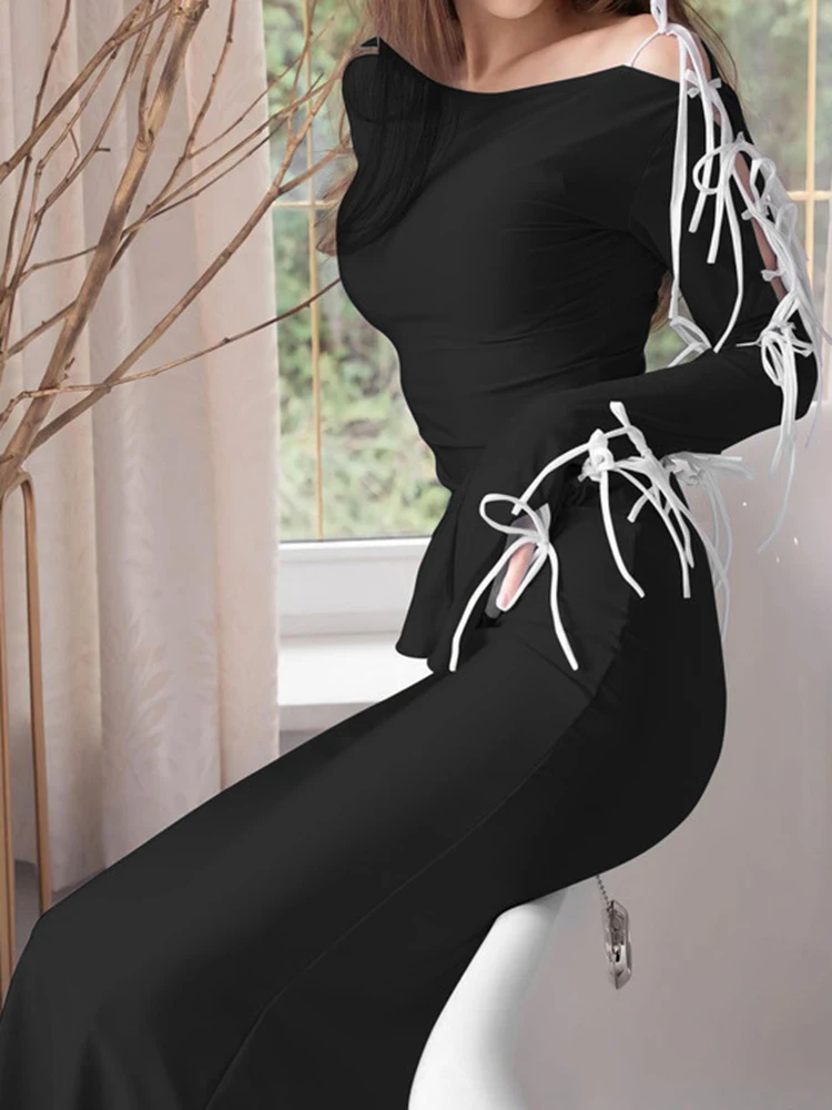 Sexy Diagonal Neck Flare Long Sleeve Bow Lace-up Dress For Women Bodycon Elegant Party Club Evening Dress Slim Vesidos