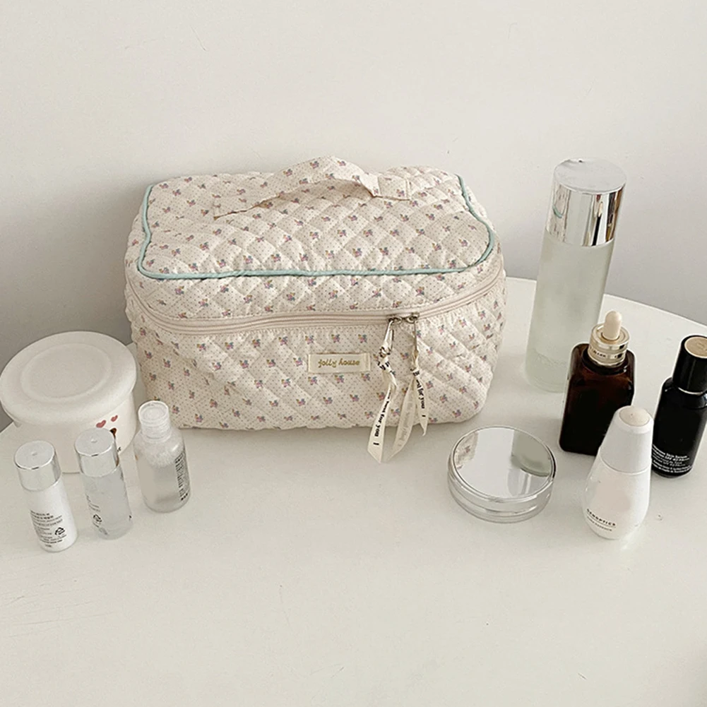 Cotton Floral Makeup Organizer Pouch with Zipper Storage