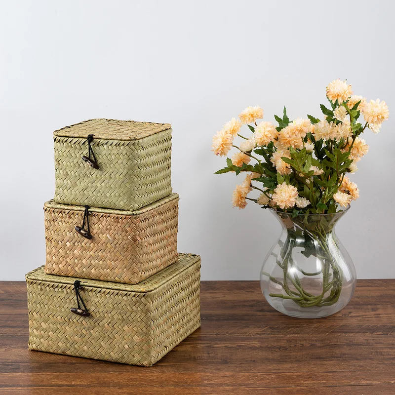 

3pcs/set Handwoven Seagrass Storage Box with Lid Natural Wicker Baskets Desktop Sundaries Organizer Home Decoration S/M/L