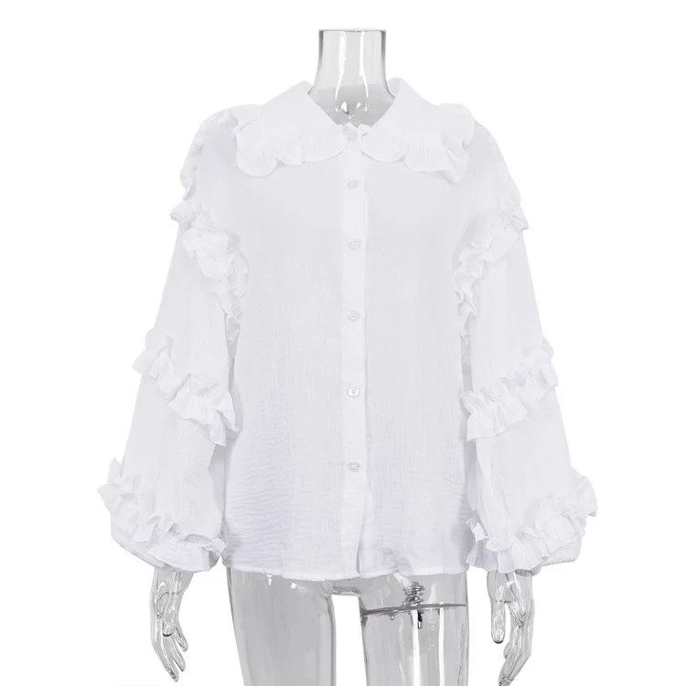 White Ruffled Casual Shirts For Women Fashion Patchwork Cardigan Lapel Long Sleeve Outwear Slim Ladies Shirts 2025 New