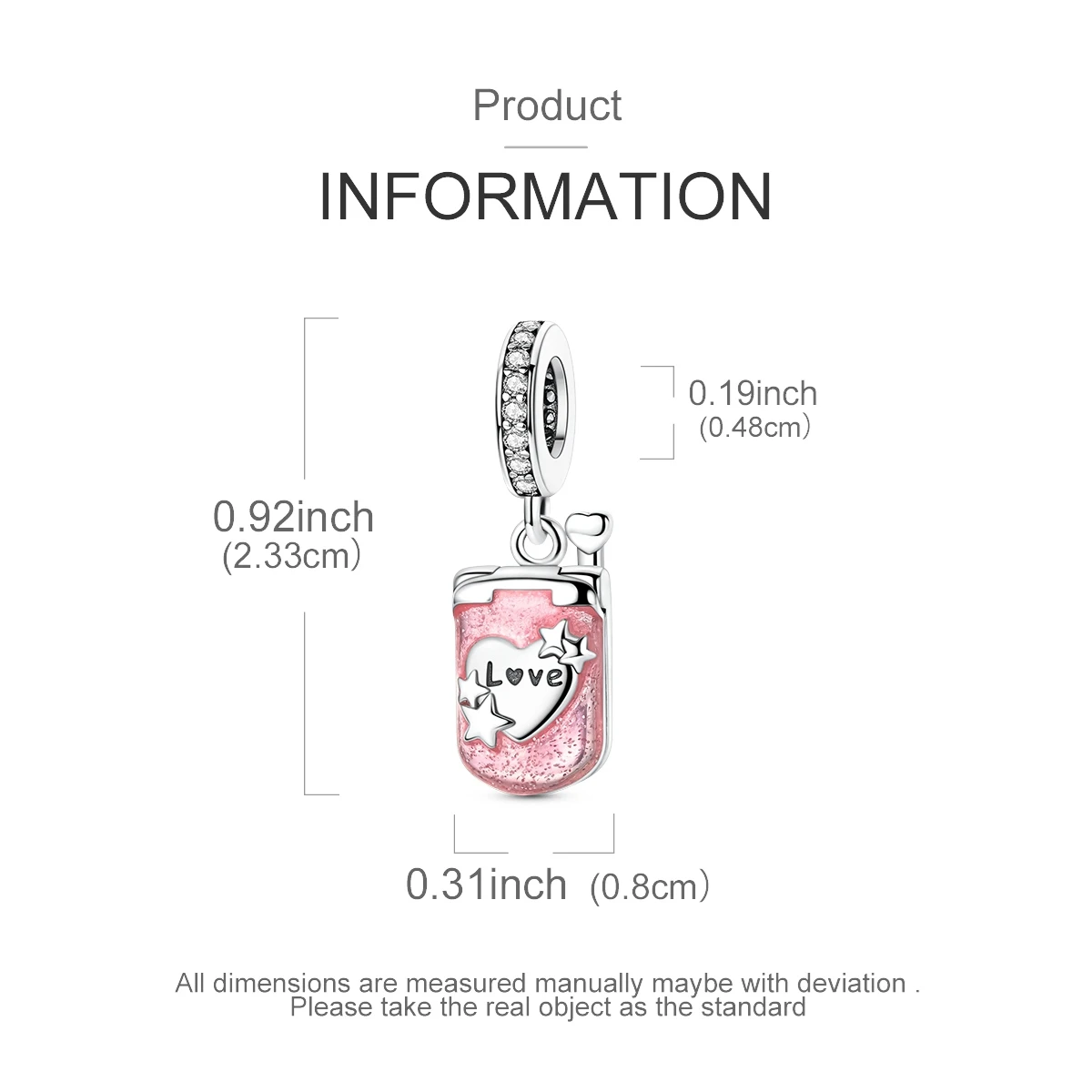 Sterling Silver Pink Glitter Heart Dangle Charm with Enamel and CZ