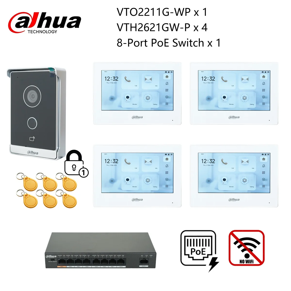Dahua original IP Video Intercom KIT,VTO2211G-WP & VTH2621G-P & PoE switch,support phone app, RFID Card Unlock