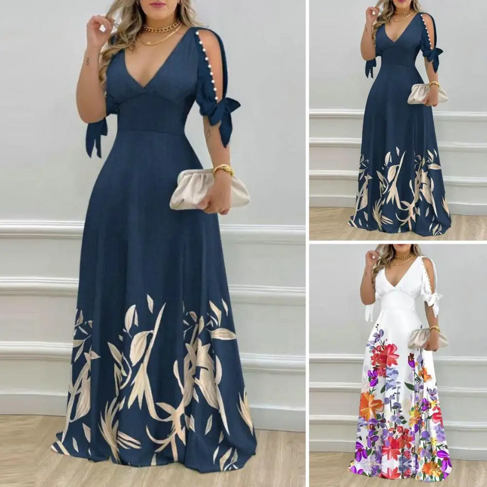 

Women Boho Dress Floral Print Maxi Dress with Bead Embellishments V Neckline A-line Silhouette Elegant Spring/fall Women's