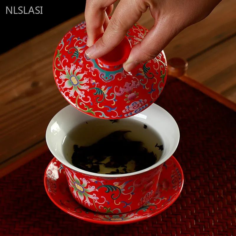 WSHYUFEI Jingdezhen Porcelain Gaiwan Exquisite Enamel Color Tea Bowl with Saucer Lid Kit Handmade ceramics Teaware 280ml