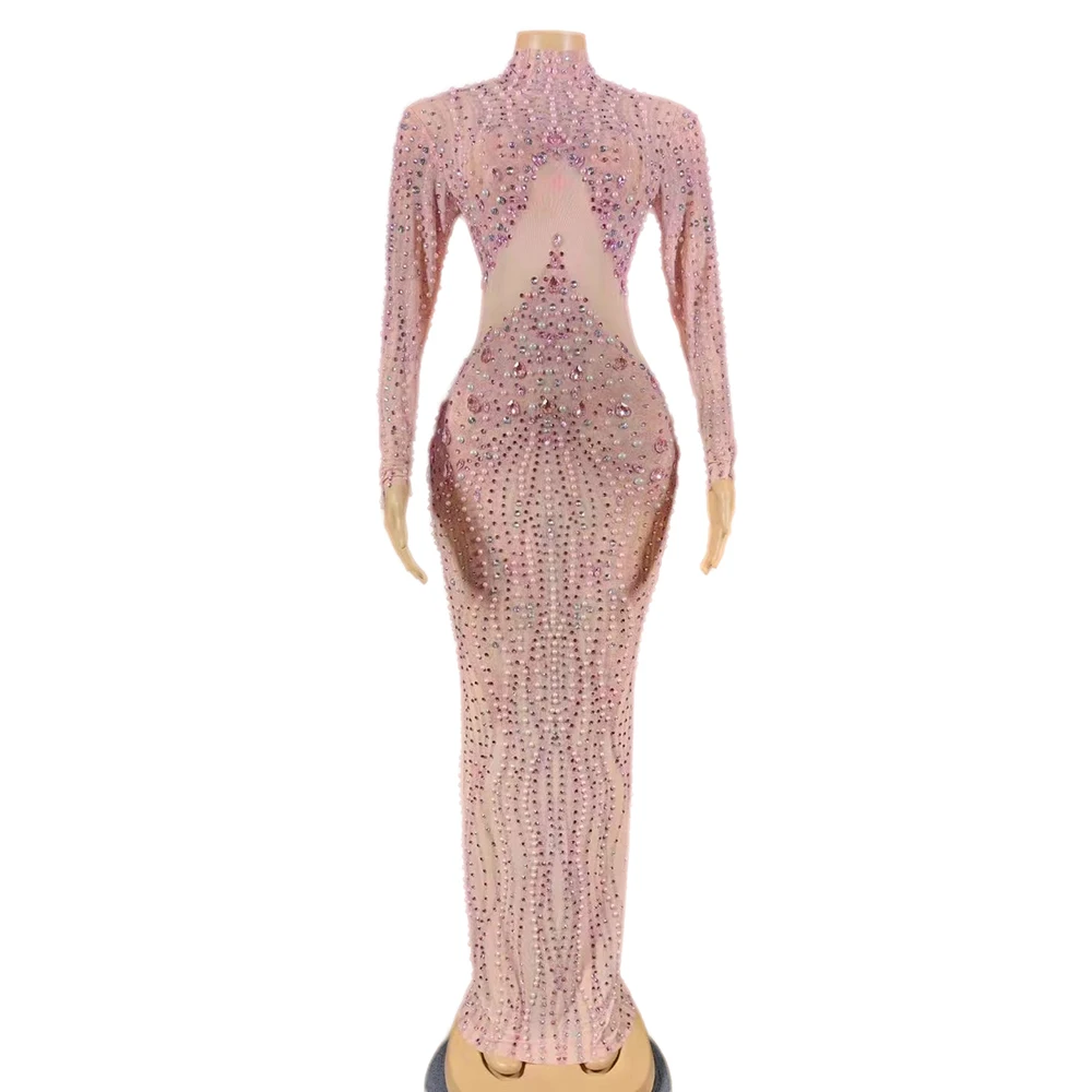 

New Female Singer Handmade Long Sleeve Slim Evening Outfit Women Pink Sexy Party Ds Dj Jazz Stage Dance Dress Performance Wear