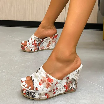 Women's Floral Print Thick-soled Wedge Heels, Fashion Open-toe Non-Slip High Heels, Outdoor Galoshes Sandals