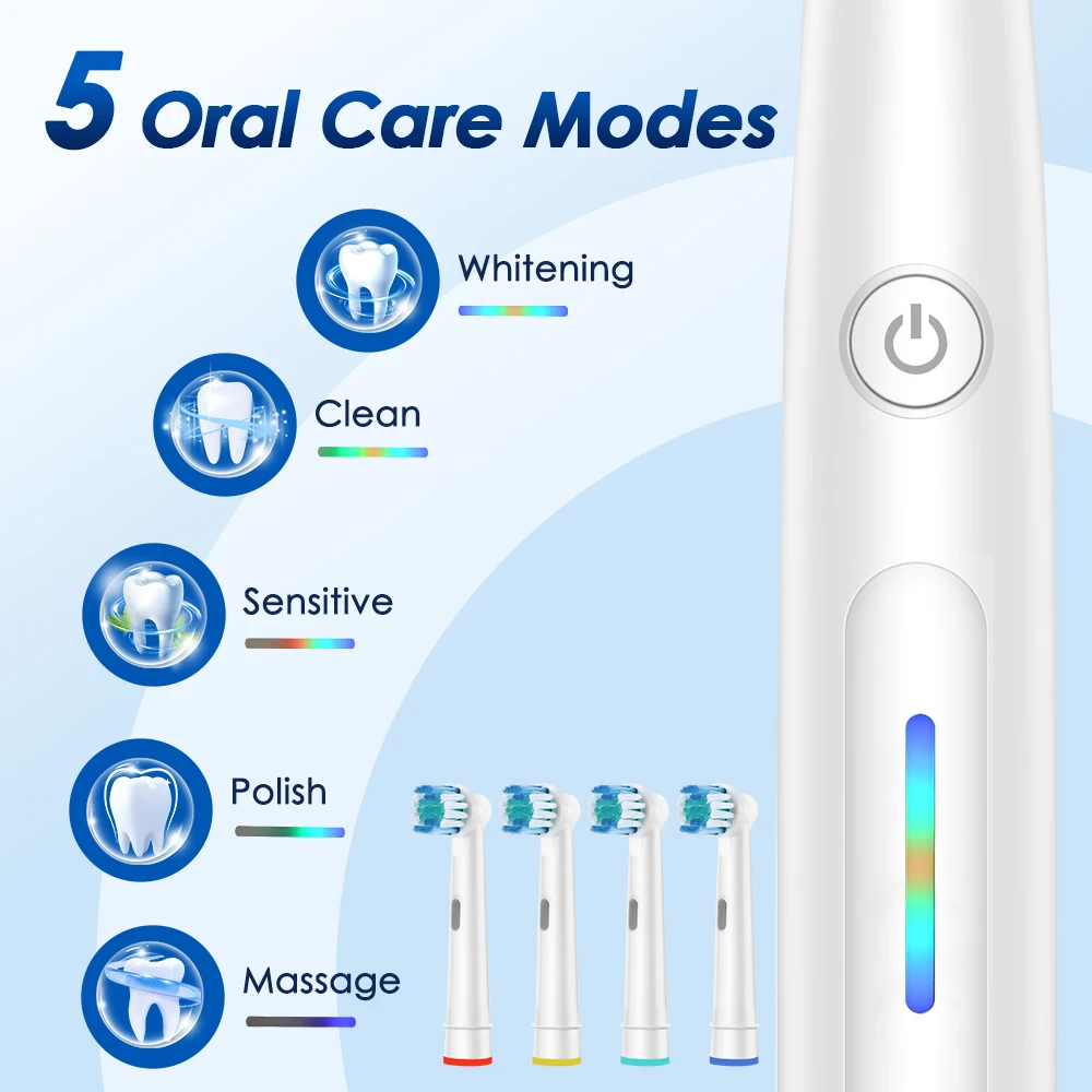 3D Rotating Electric Toothbrush 5 Cleaning Mode USB Rechargeable Rotary Toothbrush With Travel Case 4 Brush Heads Timed Reminder