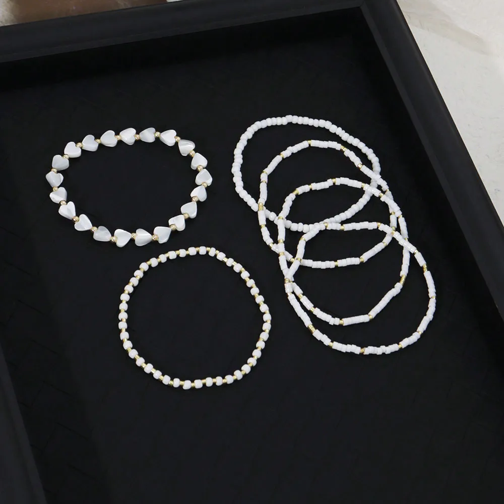 6pcs Bead Bracelet Delicate Bead Heart & Shell Handmade Elastic Multi-Layer Bracelets For Valentine's gift B082