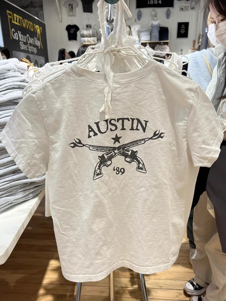 

Футболка женская хлопковая с круглым вырезом, винтажный топ с принтом пистолета, Повседневная Уличная одежда в стиле Харадзюку, с коротким рукавом, Классическая графическая одежда, Y2k, на лето