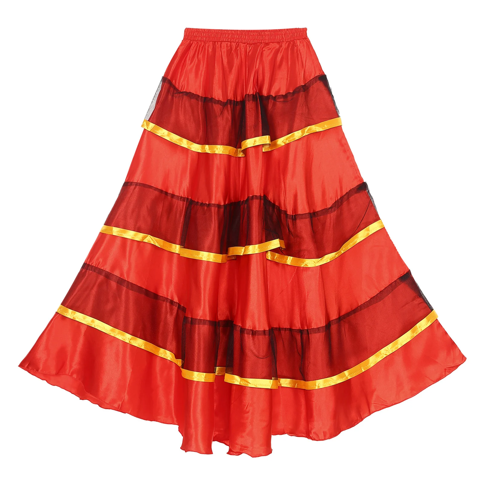 Womens Gypsy Flamenco Dance Skirt Tiered Ruffles Wide Hemline Ballroom Belly Spanish Dancing Carnival Costume