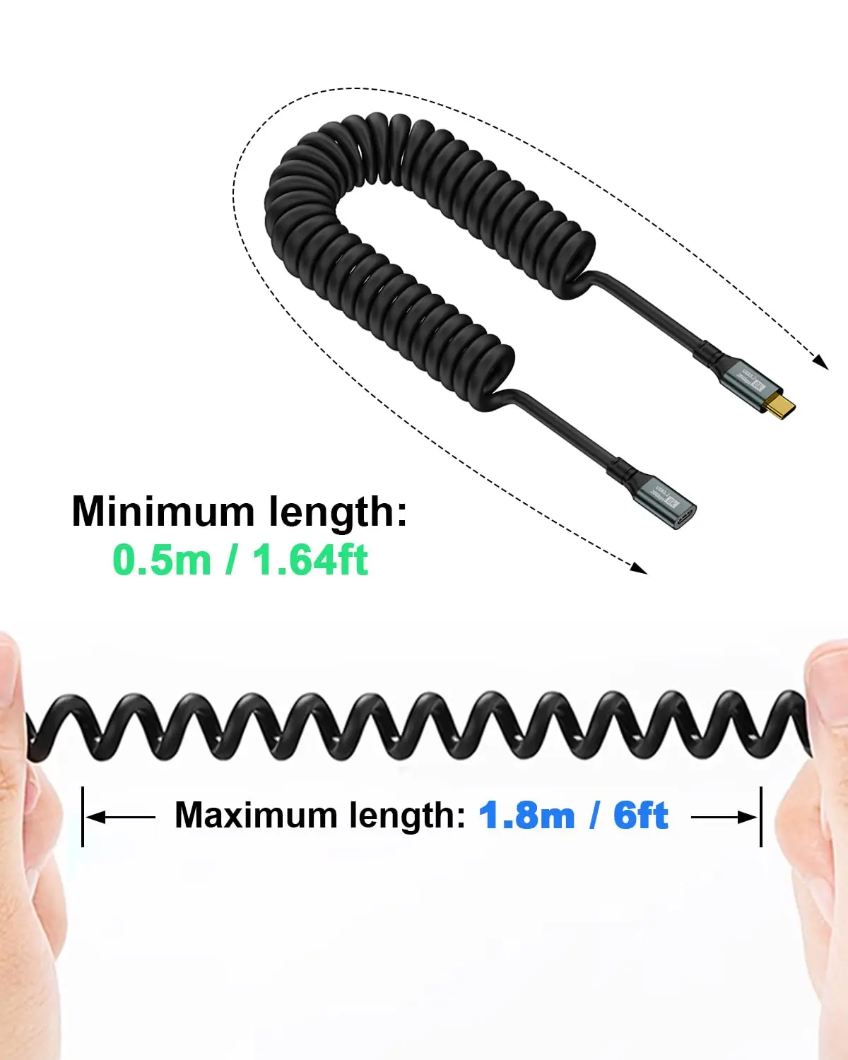 USB C 익스텐션 코일 케이블, USB C-USB C 코일 케이블, 20Gbps, USB C 수-암 익스텐션 케이블, 타입 C 연장, 100W