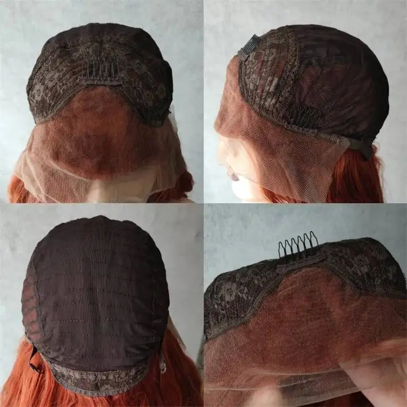 Parrucca Sintetica Rossa 13x4 con Pizzo Frontale, Lunga e Ondulata, Senza Colla, con Attaccatura Naturale, per Uso Quotidiano e Cosplay, da Donna, per Feste, 30 Pollici - immagine 6