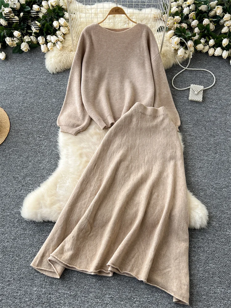 Women Two Piece Sets 2pcs Suits Women Autumn Winter Loose Sweater+Elastic Waist Skirt Ladies Basics Knitting Two Pieces Sets