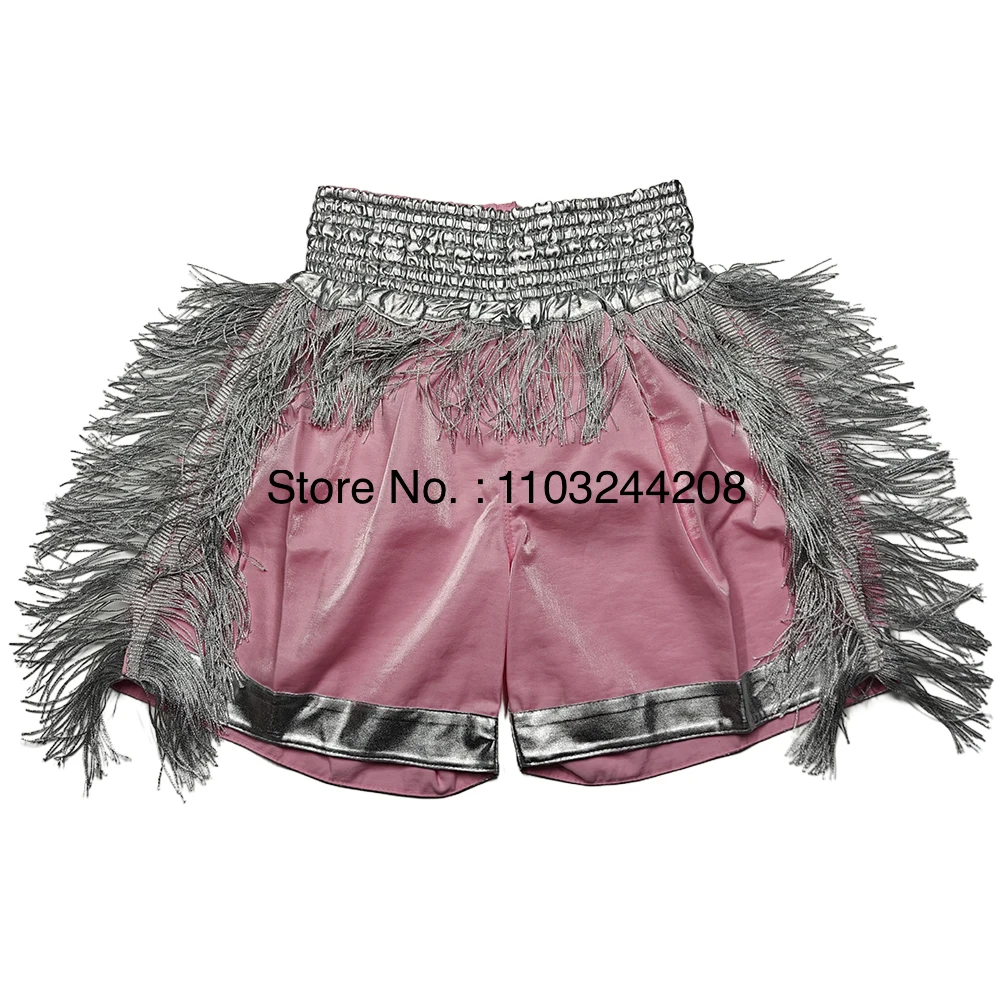 

Muay Thai Shorts Tassels Top Quality Satin Boxing Shorts Women Men Child Gym Cage Fighting MMA Kickboxing Pants Pink Black Gold