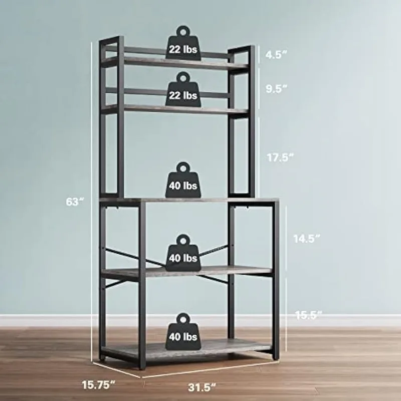 Denkee 5-Tier Bakers Rack for Kitchen with Storage, Industrial Microwave  Stand Oven Shelf, Free Standing Kitchen Storage Shelf Rack (23.62 L x 15.75  W