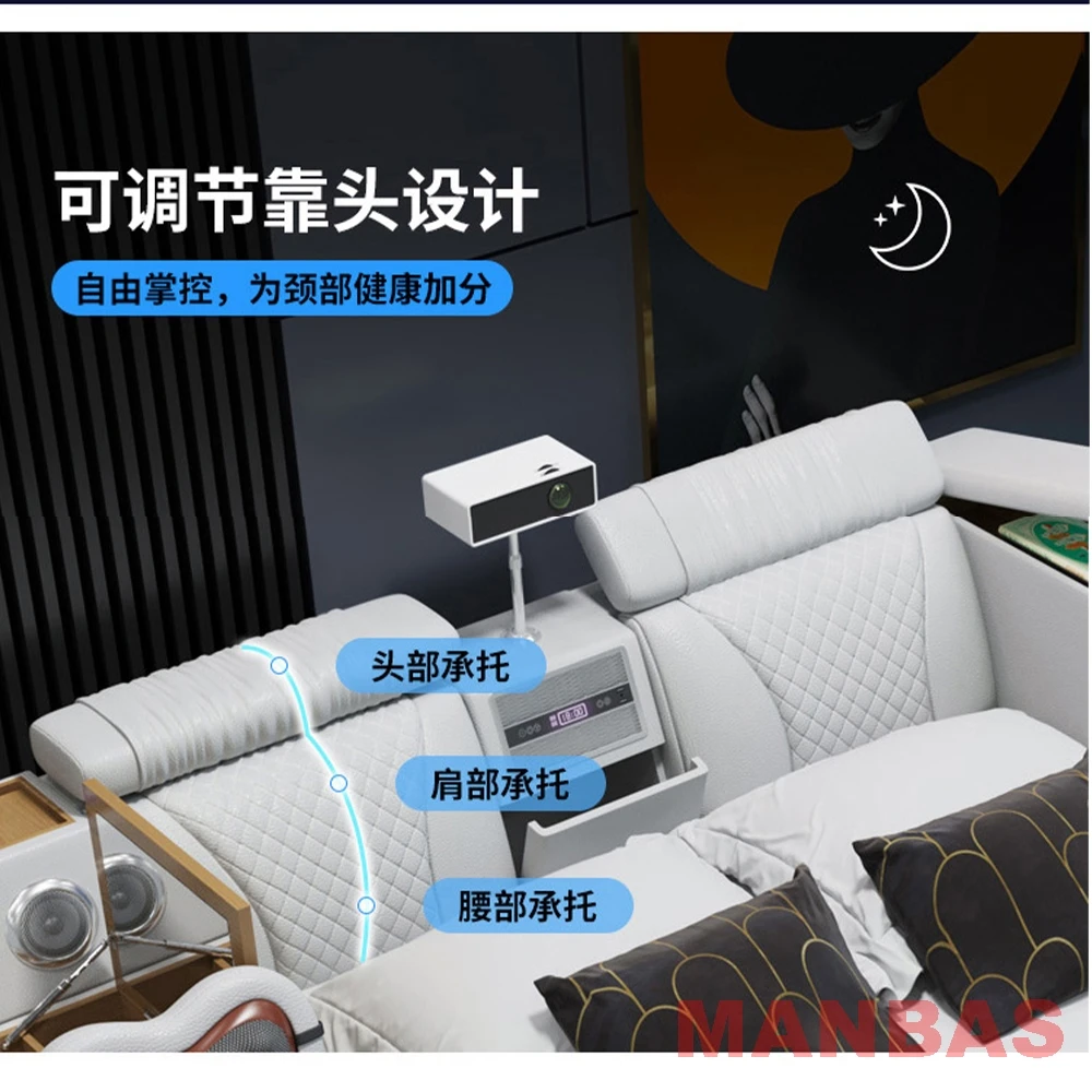MINGDIBAO Tech Smart Bed-Genuine Leather Upholstery, Multifunctional Bed Frame, Massage, Speaker, Projector and Air Purifier