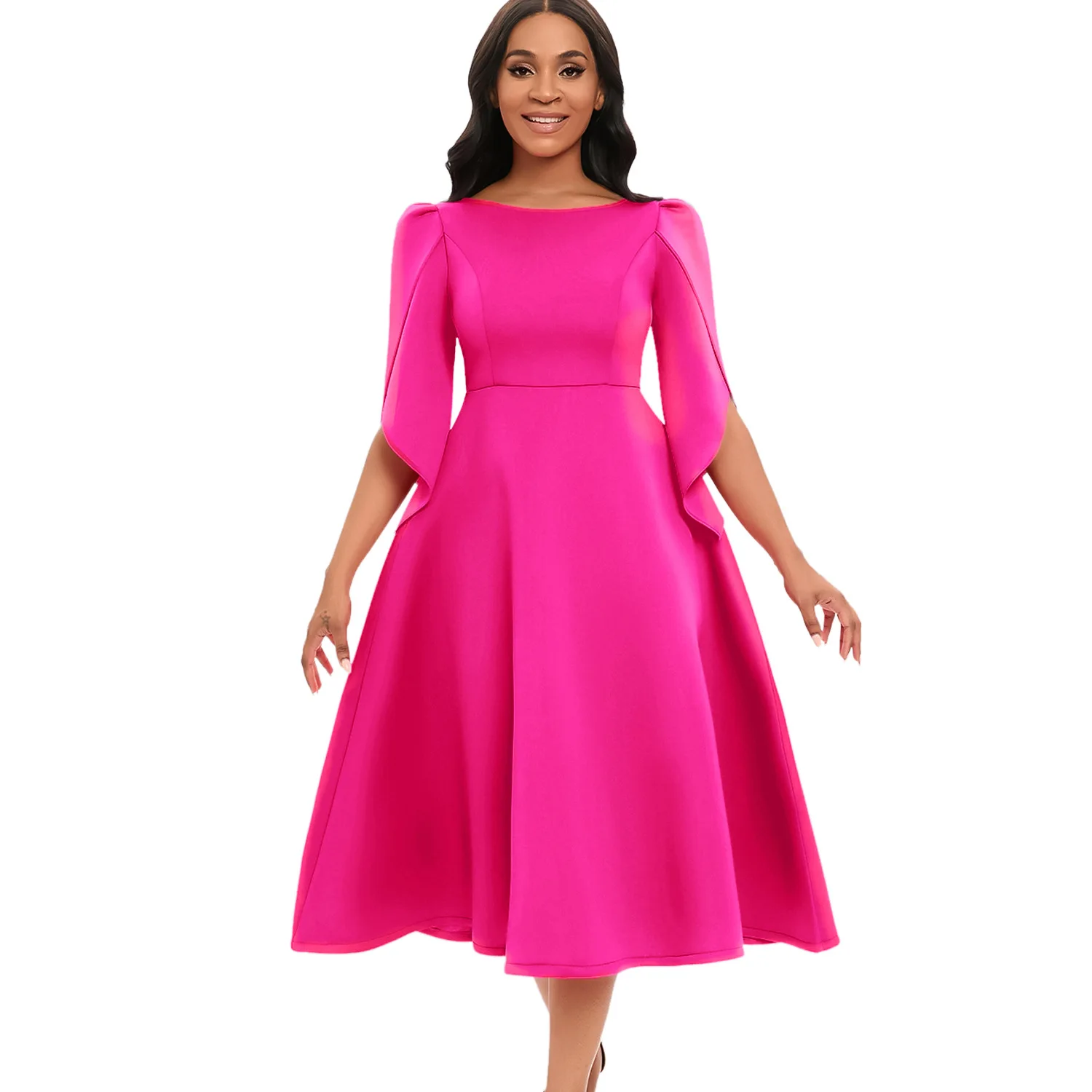 

Women Elegant Audrey Hepburn Style Round Neck 3/4 Sleeve A Line Swing Midi Dress OL Cocktail Wedding Guest Prom Long Dresses