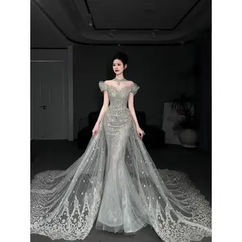 Abito da sposa con coda di pesce, sposa, stile francese, filato esterno, filato principale resistente, coda piccola elegante di fascia alta personalizzata