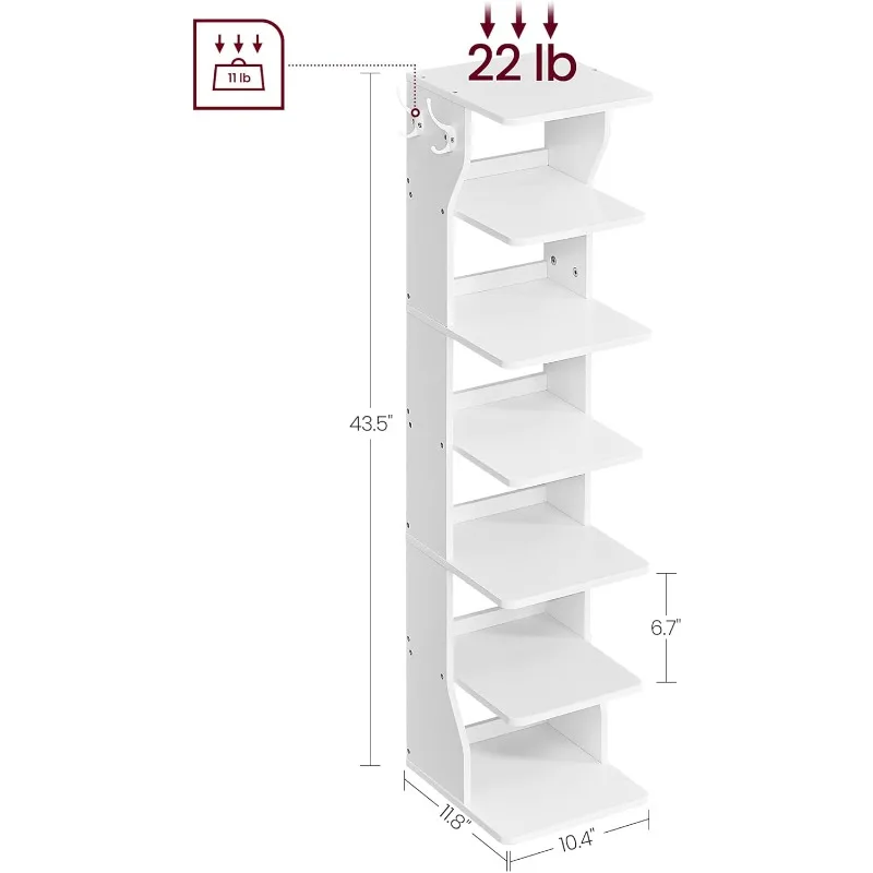 7 Tier Vertical Shoe Rack, Narrow Shoe Storage Organizer with Hooks, Slim Wooden Corner Tower Rack, Robust and Durable