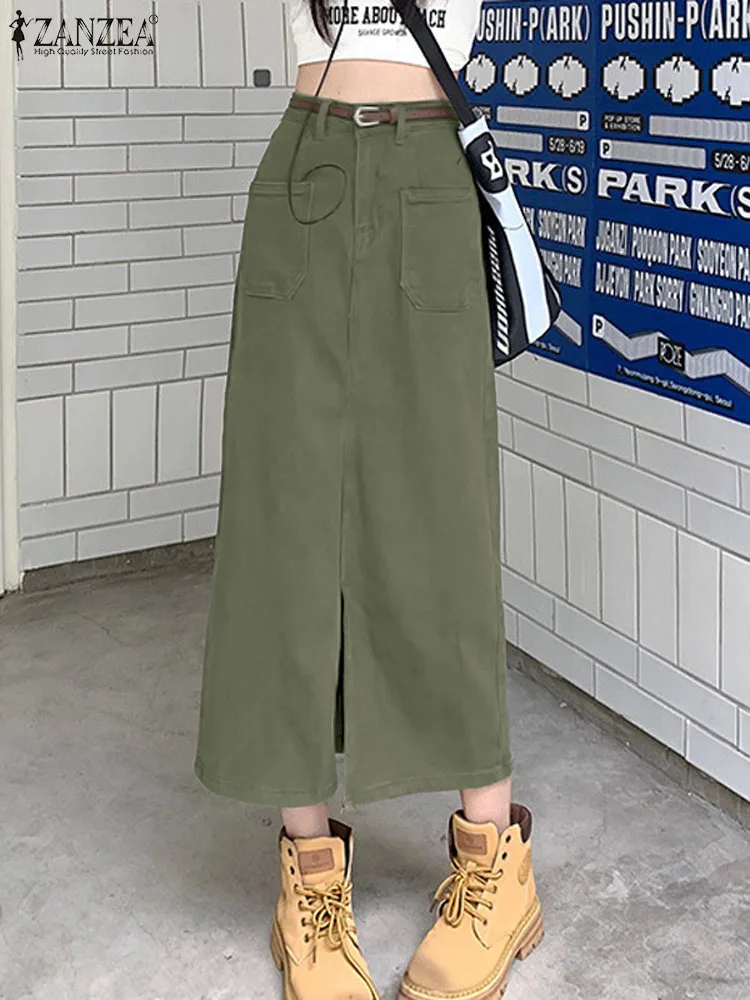 

ZANZEA Elegant Solid Skirts Vintage Button Down Front Dress Fashion Solid Color Skirt Woman Casual Ankle Length Robe Jupe 2024