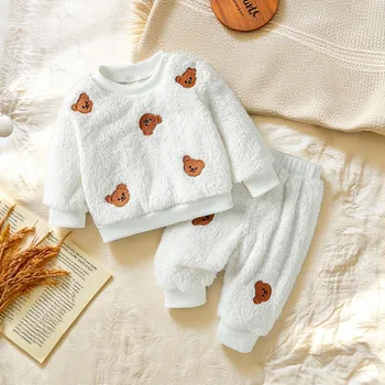 2025 Baby Boys Girls Unisex 2Pcs Autumn Winter Thicken Long Sleeve Warm Fleece Cute Bear Cartoon Casual Clothing Sets For 1-3Y 1