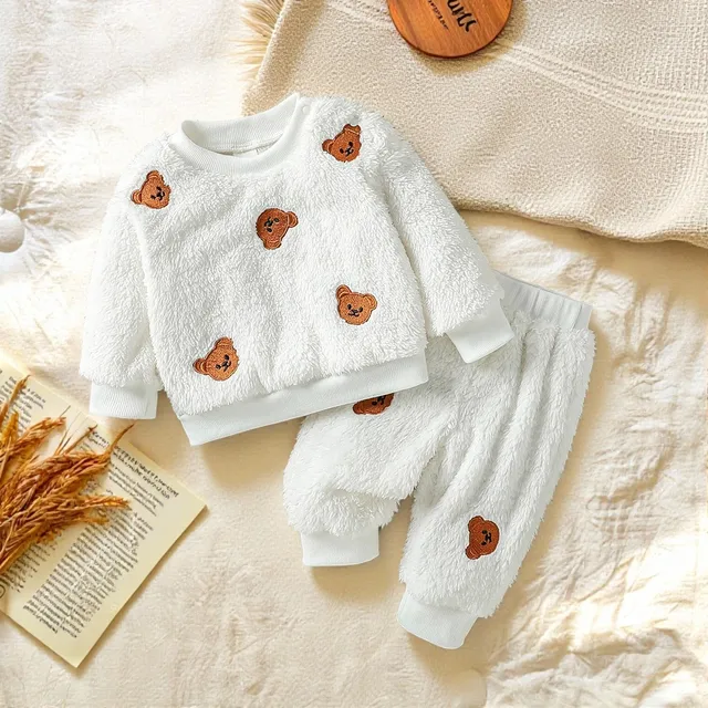 2025 bebés, niños y niñas, Unisex, 2 uds., Otoño Invierno, grueso, manga larga, forro polar cálido, lindo oso, dibujos animados, conjuntos de ropa Casual para 1-3 años