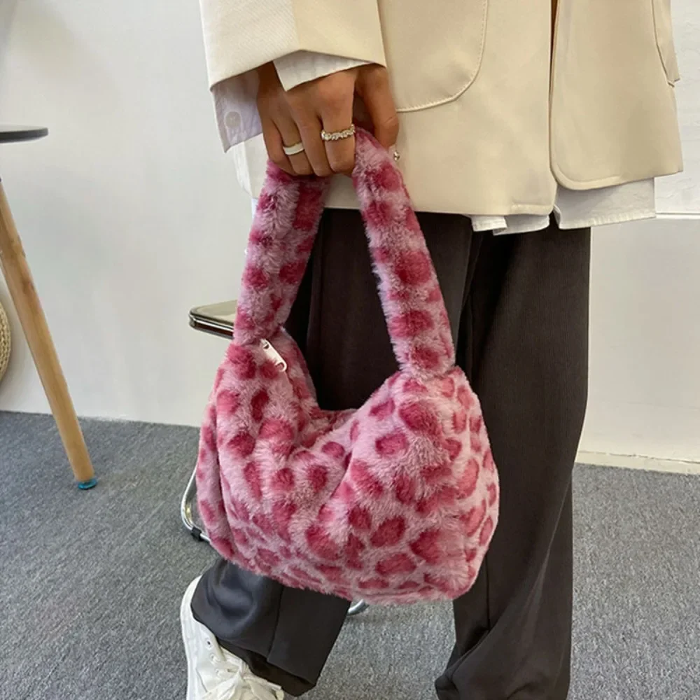 Women's Soft Plush Shoulder Bag Winter Fashion Casual Solid Color Leopard Pattern Underarm Bag Female Handbags Tote Bag