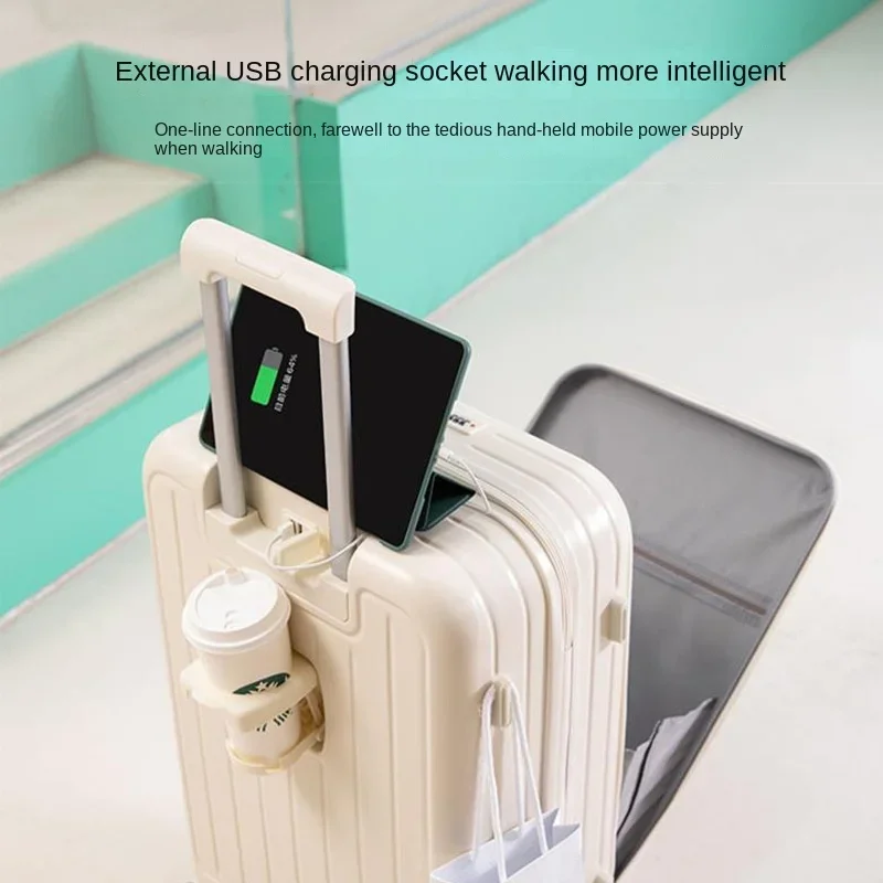 20"22"24"26 Inch Travel Suitcase Front Open Cover Multifunctional Trolley Case with Cup Holder Boarding Box Rolling Luggage