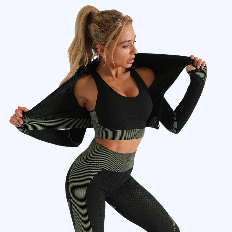 

Women Fitness Sport Yoga Suit Seamless 3-piece Yoga Sets Long Sleeve Clothing Female Sport Gym Suits Wear Running Clothes