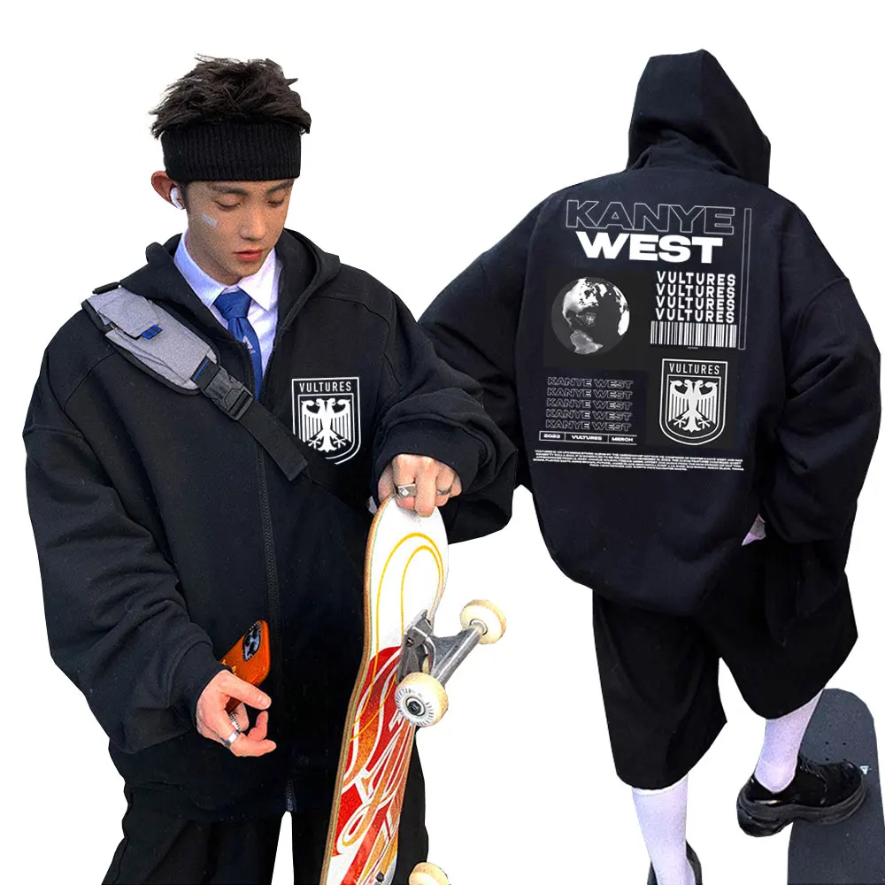 

Rapper Kanye West Vultures Graphic Zipper Hoodie Men Fashion Hip Hop Sweatshirt Male Oversized Zip Up Jacket Men's Cool Hoodies