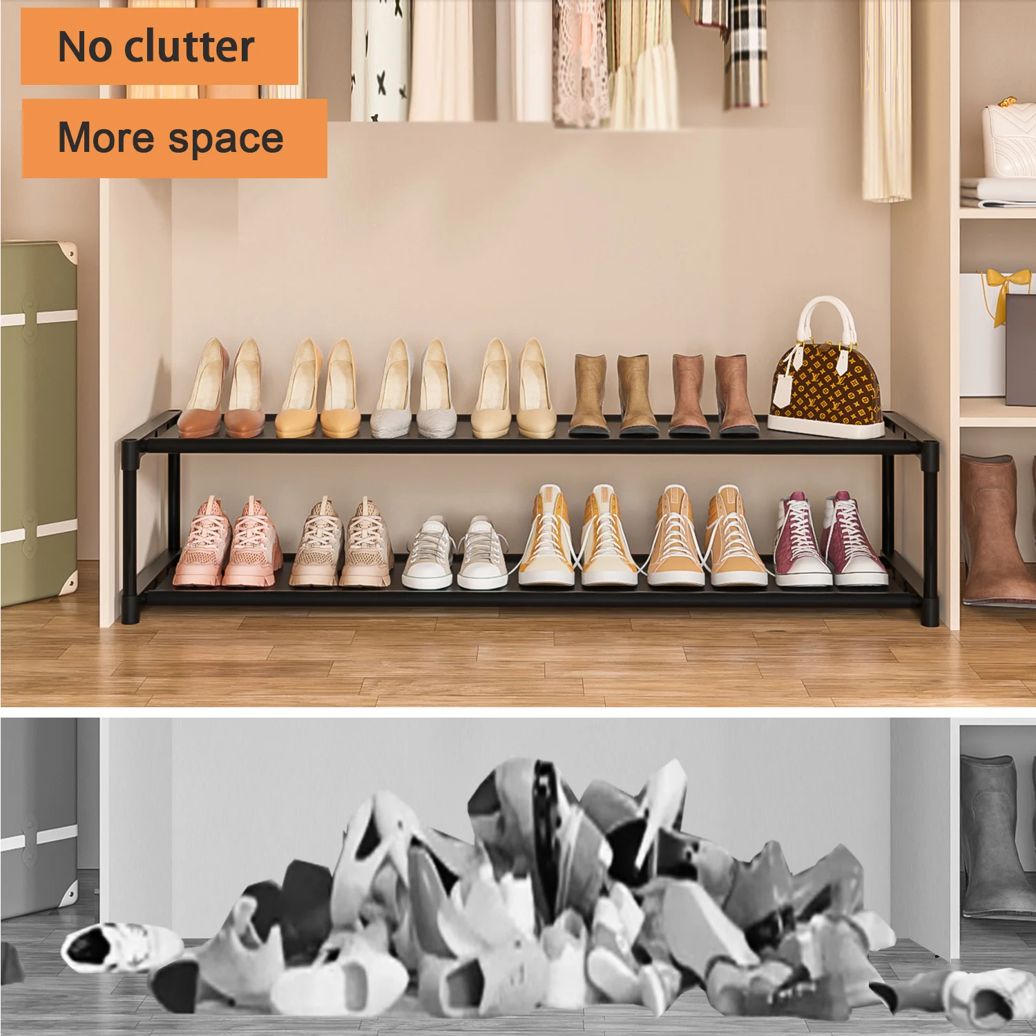 Long Shoe Rack 2 Tier Save Space Sturdy Wide For Closet Entryway Mudroom Garage