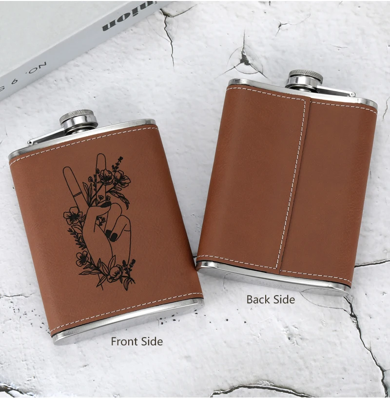 Leder 304 Edelstahl Logo Foto personalisierte individuelle Flachmann Metall tragbare Whisky Wodka Outdoor Reise Weinflasche – Detail 7