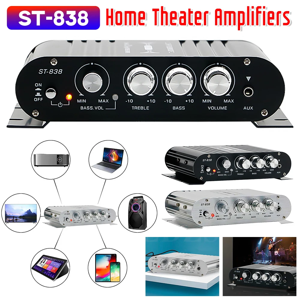 ST-838 HiFi 2.1 채널 서브우퍼 앰프 베이스 사운드 앰프 조정 80W * 2..