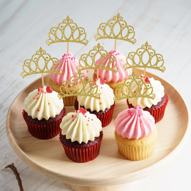 YOMDID 24 Stück Prinzessin Krone Cupcake Topper Glitzer Krone Topper Gold Krone Kuchen Topper Braut Hochzeit Geburtstag Party Supplies