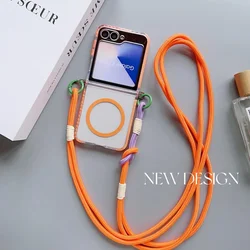 Magsafe Magnetic Crossbody Lanyard Phone Case - Transparent Cover - Samsung Galaxy Z Flip 5 (Orange)