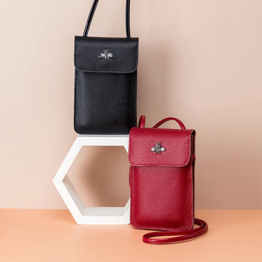 Touch Screen Genuine Leather Phone Bag Mini Women's Crossbody New Transparent Soft Shoulder Easy to Carry Black Red Blue Lotus