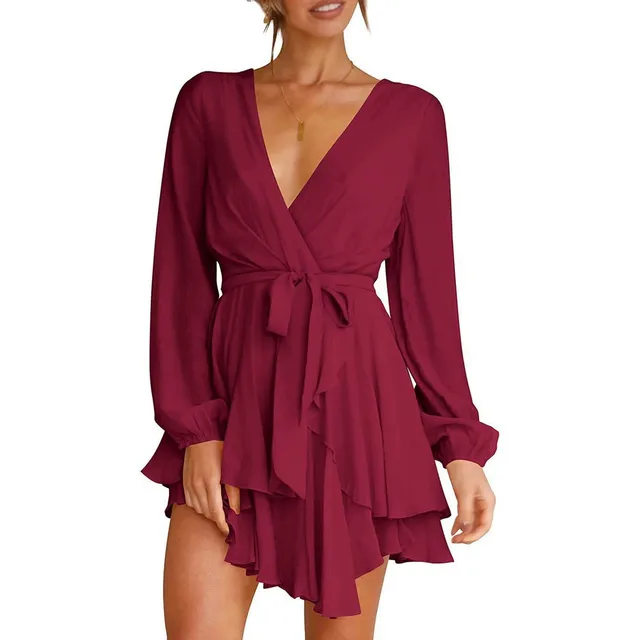 Ladies’ High Waist Irregular Skirt Hem Sexy Solid Color Commute Long Sleeve Deep V-neck Casual Elegant Fashion Mini Dress