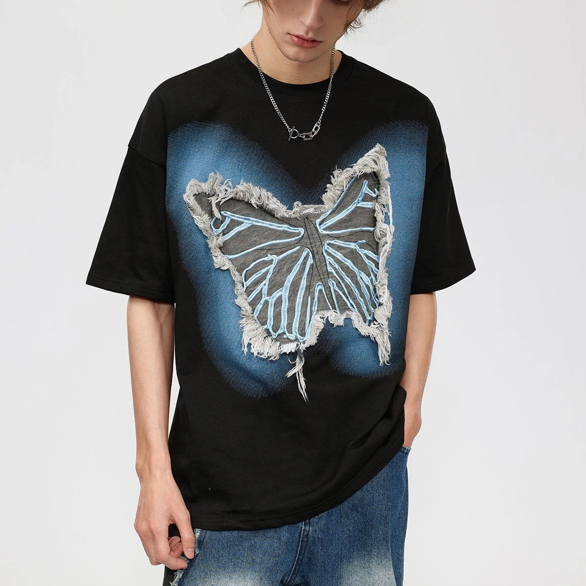 【Aelfric Eden】ヴィンテージバタフライTシャツストリート Aelfric Eden Mens Oversized T Shirts Tees Distorted Portrait