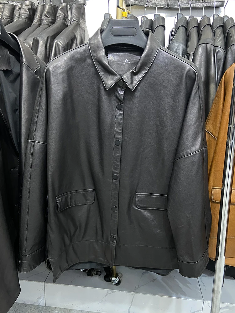 Women Genuine Sheepskin Leather Spring Autumn Fashion Classic Khaki Real Leather Jacket Oversize Loose Real Leather Coat