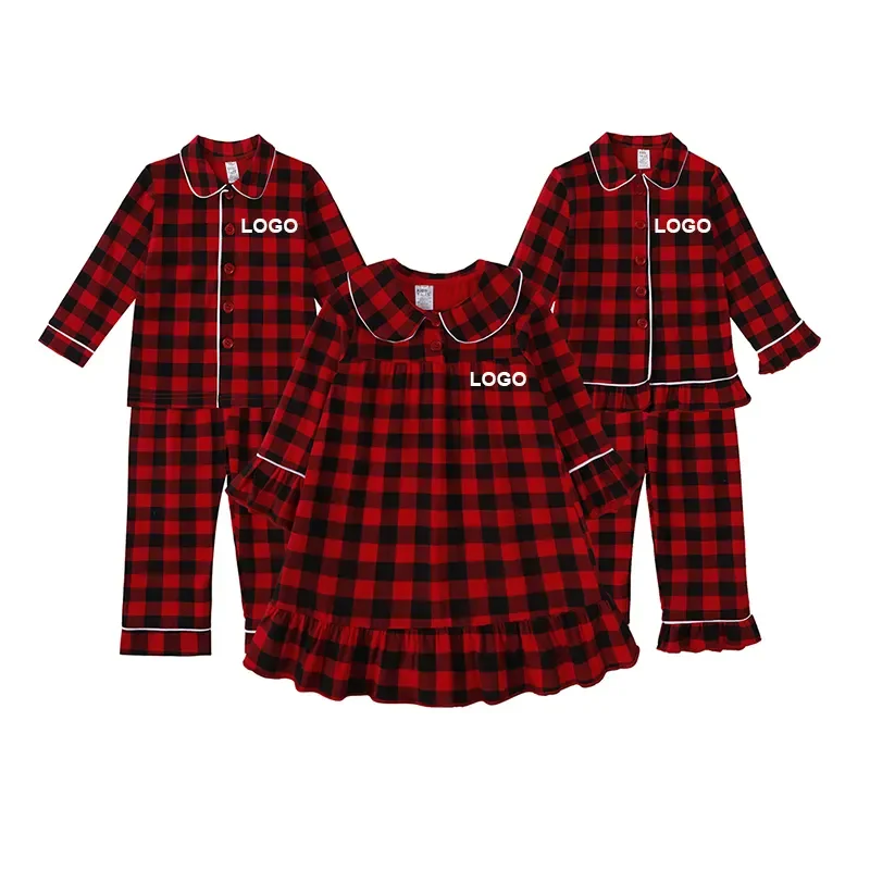 2025 Custom Kids Pajamas Christmas Children Boy Clothes Red Velvet Plaid Suit Family Match Toddler Girl Dress Xmas Sets Costume 3