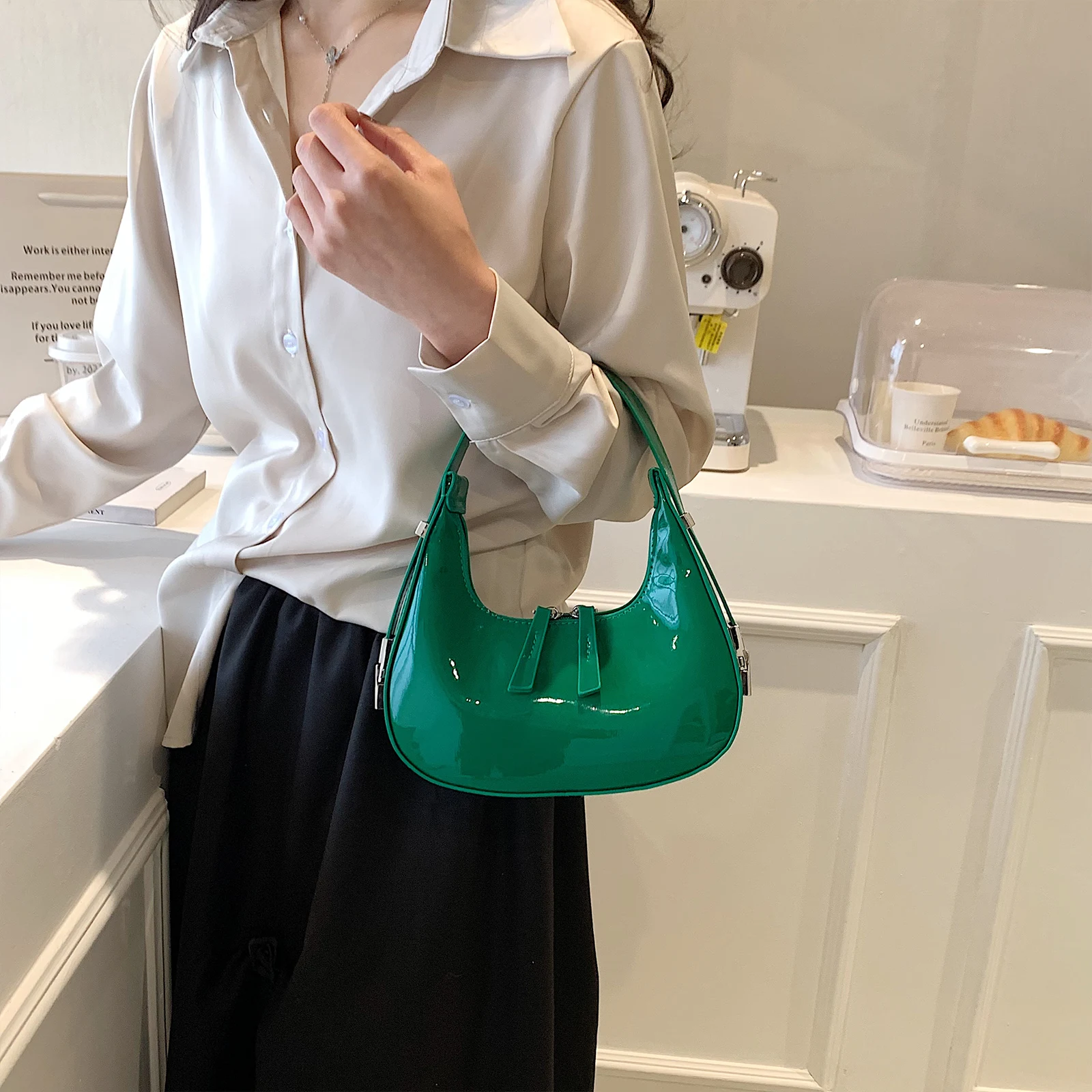 Women PU Leather Half Moon Bag Vintage Small Shoulder Bag for